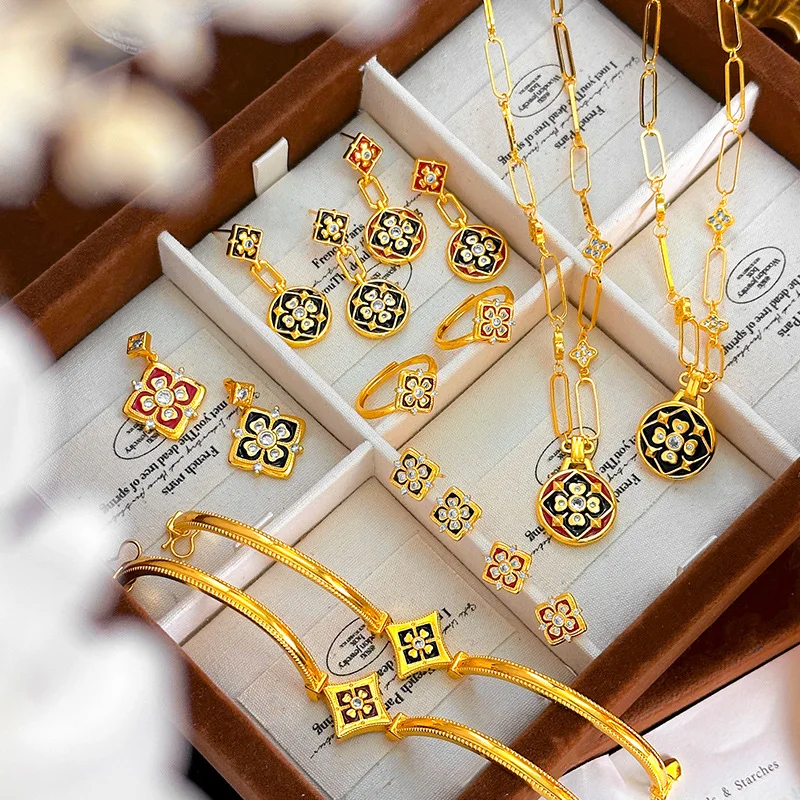Women's Luxury 9999 24K Real Gold Old Money Style Enamel Flower Necklace Ring Earrings Bracelet Set