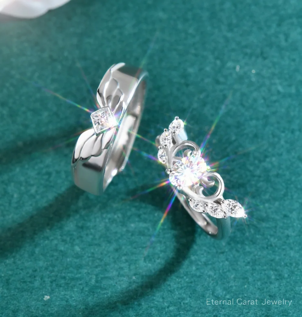 

PT950 Platinum Couple Matching Angel Wings Moissanite His Hers Engagement Wedding Rings Set Men Women Adjustable Niche Design An