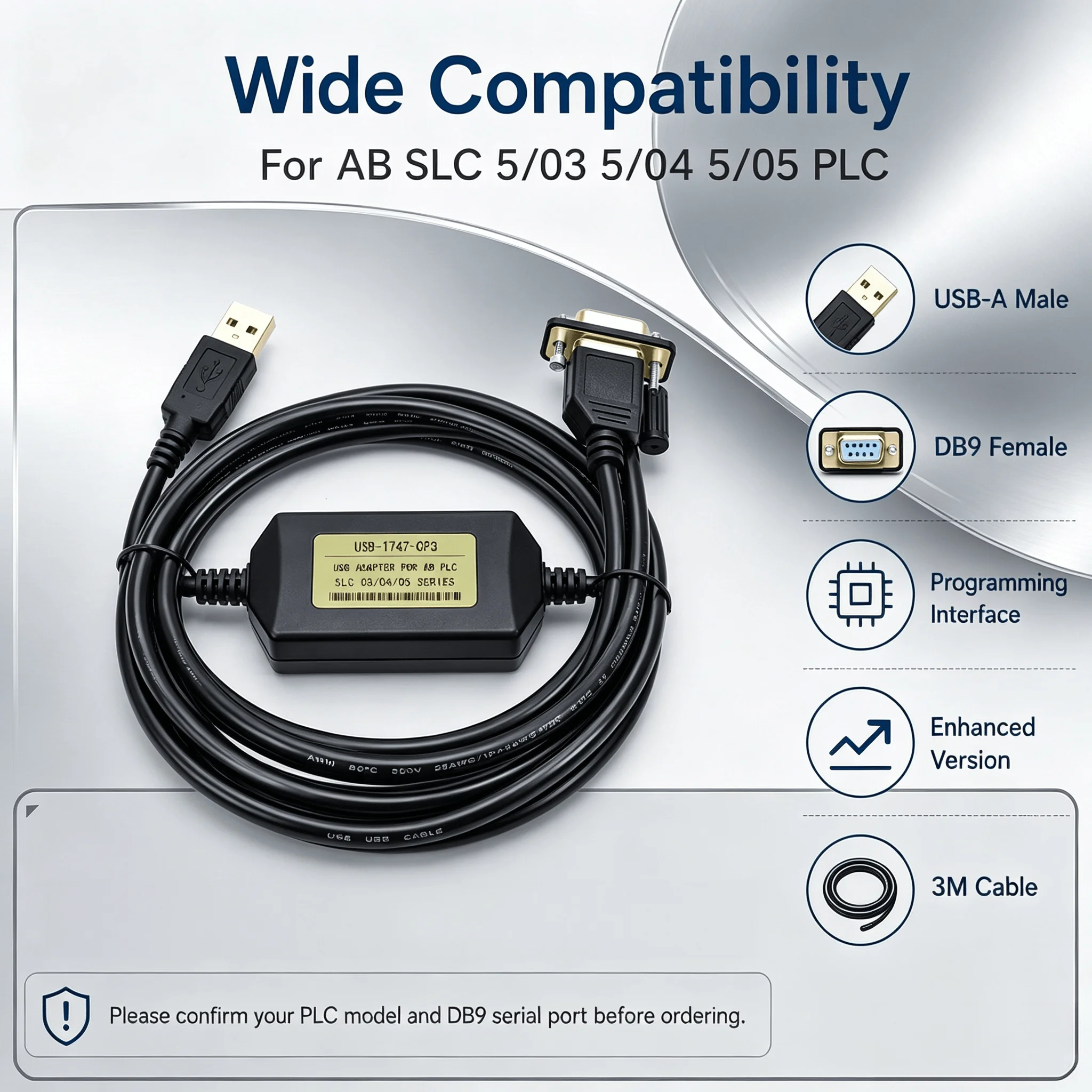 USB-1747-CP3 Programming Cable, 3M 10V USB to DB9 Compatible with AB SLC 5/03 5/04 5/05 PLC Industrial Communication