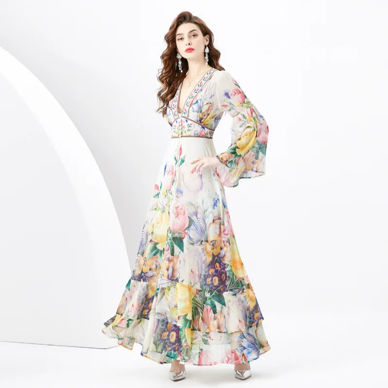 

BRANGDY Europe and America2024 Summer-Retro Deep V-Collar Lantern Sleeve Wave Edge Wide Swing Painted Print Long dress