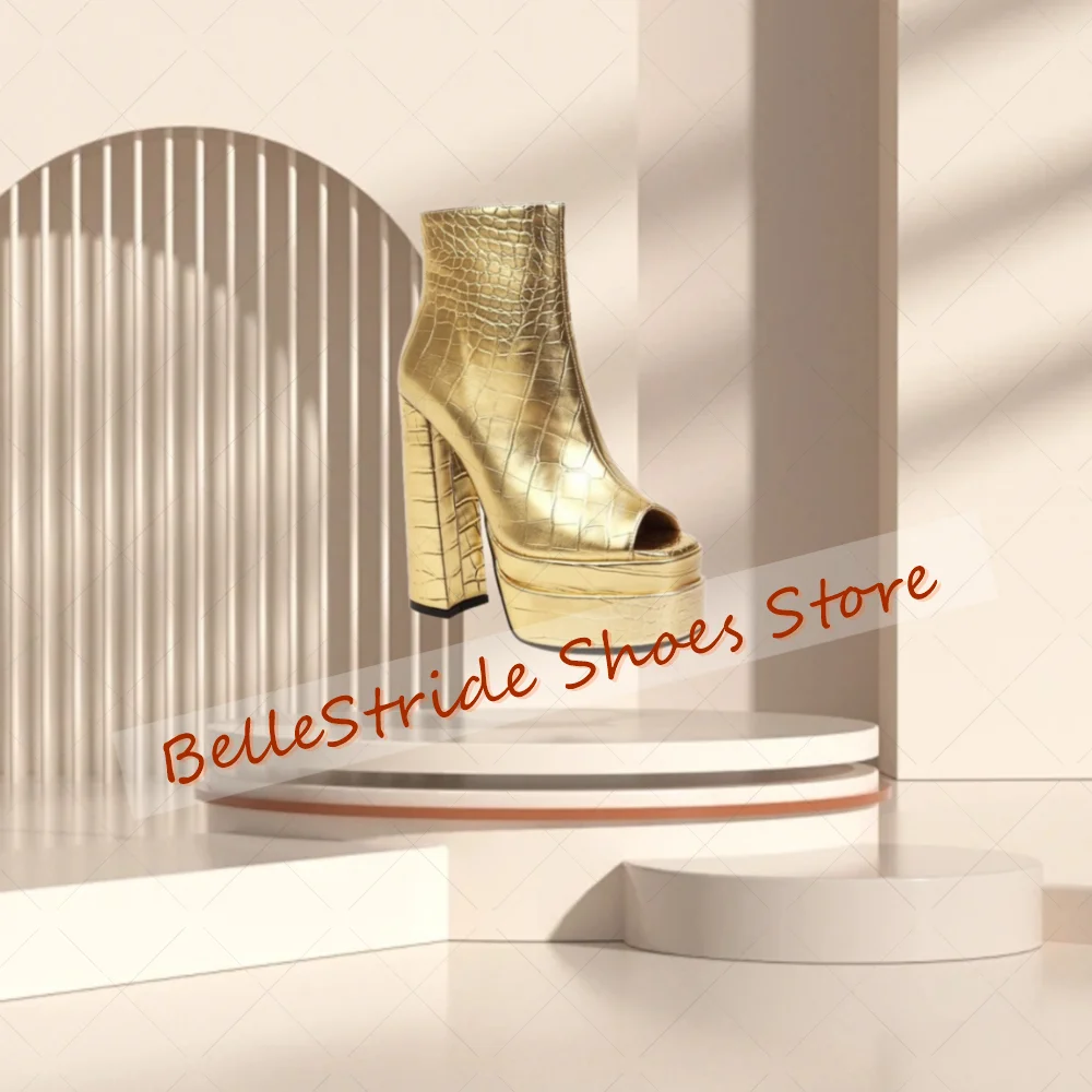 

Gold Side Zipper Peep Toe Platform Boots Matte Leather Women Shoes Thick Heel Party Banquet Dating 2025 Zapatos Para Mujere