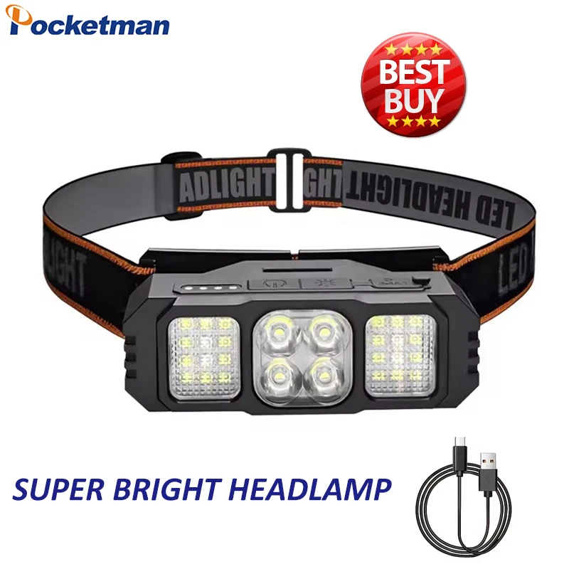 Powerful LED Headlamp USB Rechargeable Headlight High Lumens 7 Modes Outdoor Emergency Head Lamp Head Front Light