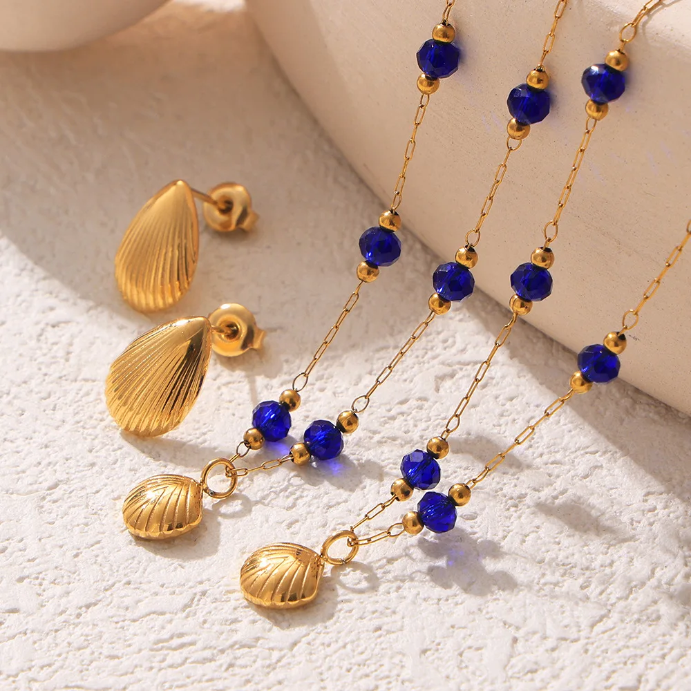 Fashion Royal Blue Shell Pendant Necklace Earrings Set Crystal Chain Waterproof 316L Stainless Steel Gold Plated Jewelry Gift