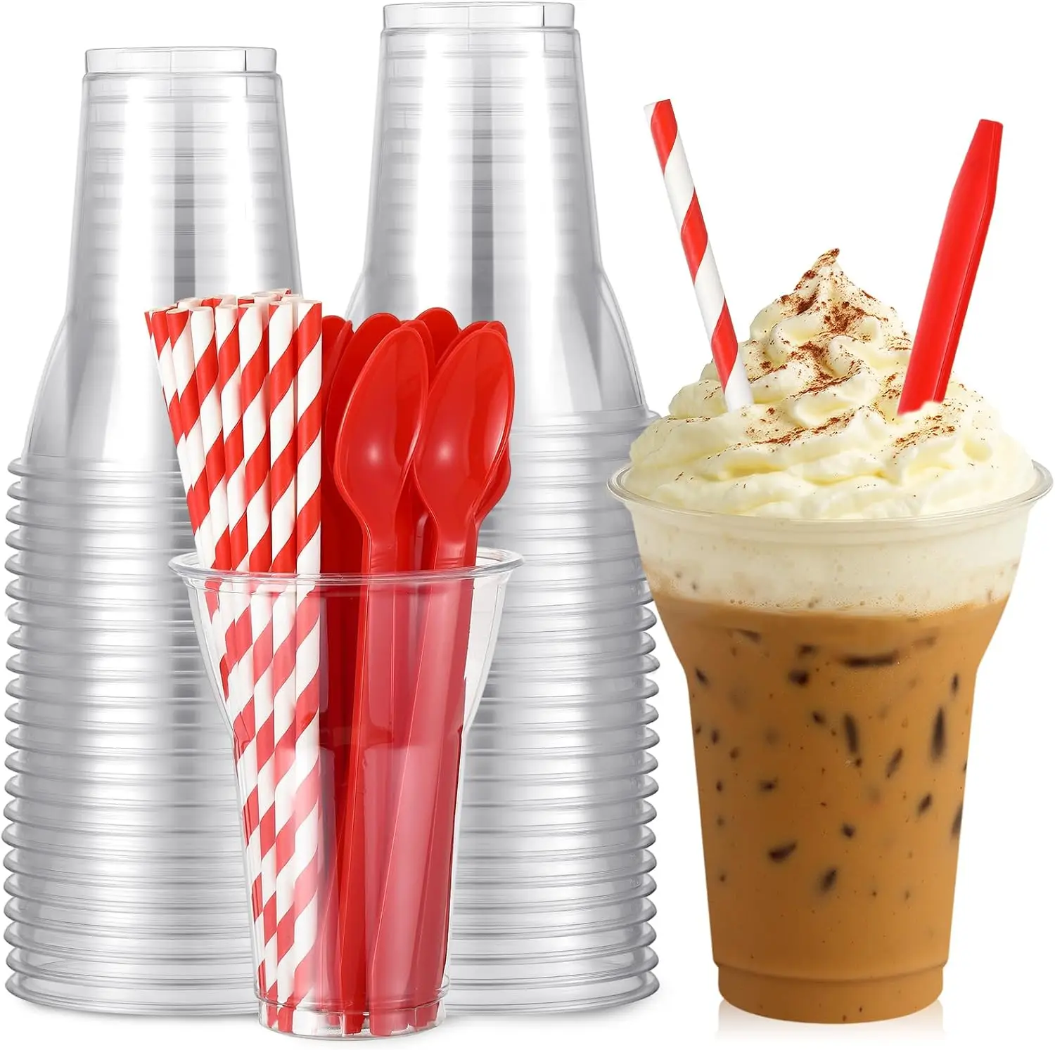

50 Sets Plastic Parfait Cups with Red Plastic Soda Spoons and Paper Straws Disposable Root Beer Float Cups Clear Milksha