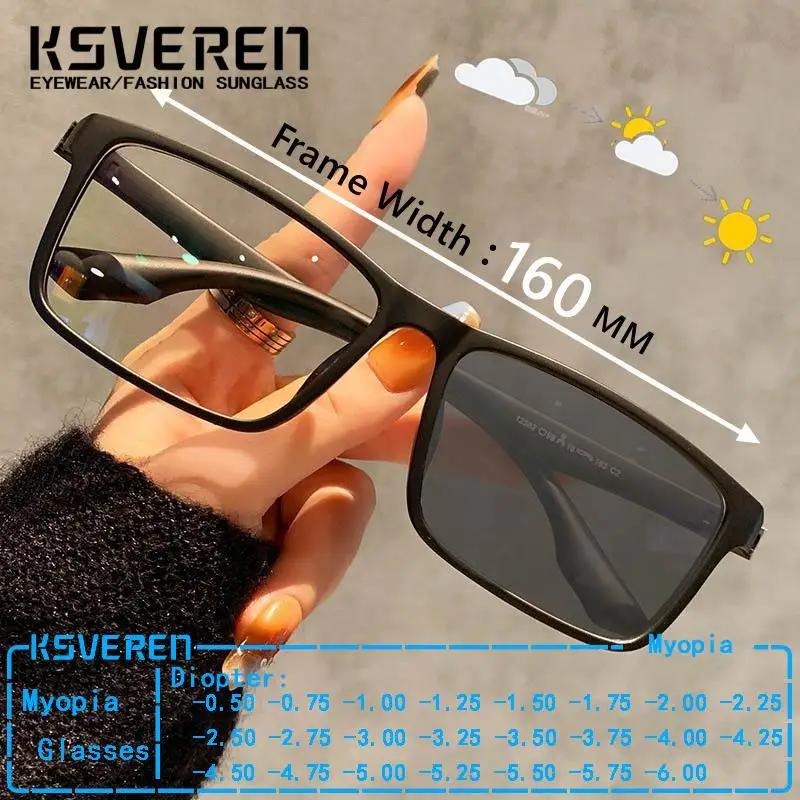 Photochromic Myopia Glasses Ultra Lightweight TR90 160MM Large Size Men Women Big‑Head‑Friendly Prescription For Daily Wear