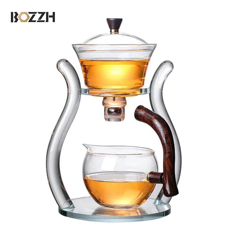 BOZZH Automatic Lazy Kungfu Glass Tea Set Magnetic Rotating Cover Bowl Household Heat-Resistant Teapot Glass teapot