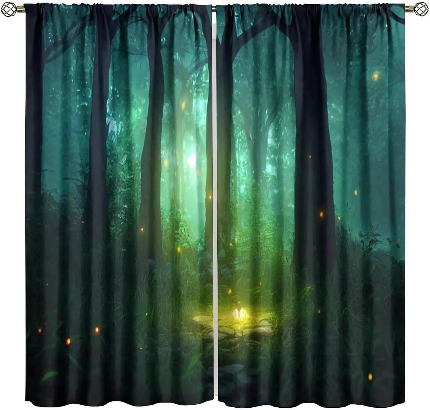 Cortinas de Bosque Mágico de Fantasía, Cortinas de Ventana con Diseño de Paisaje Nocturno Gótico, Niebla, Luciérnagas y Luces de Hierba, Cortinas de Bosque Soñador y Nieboso