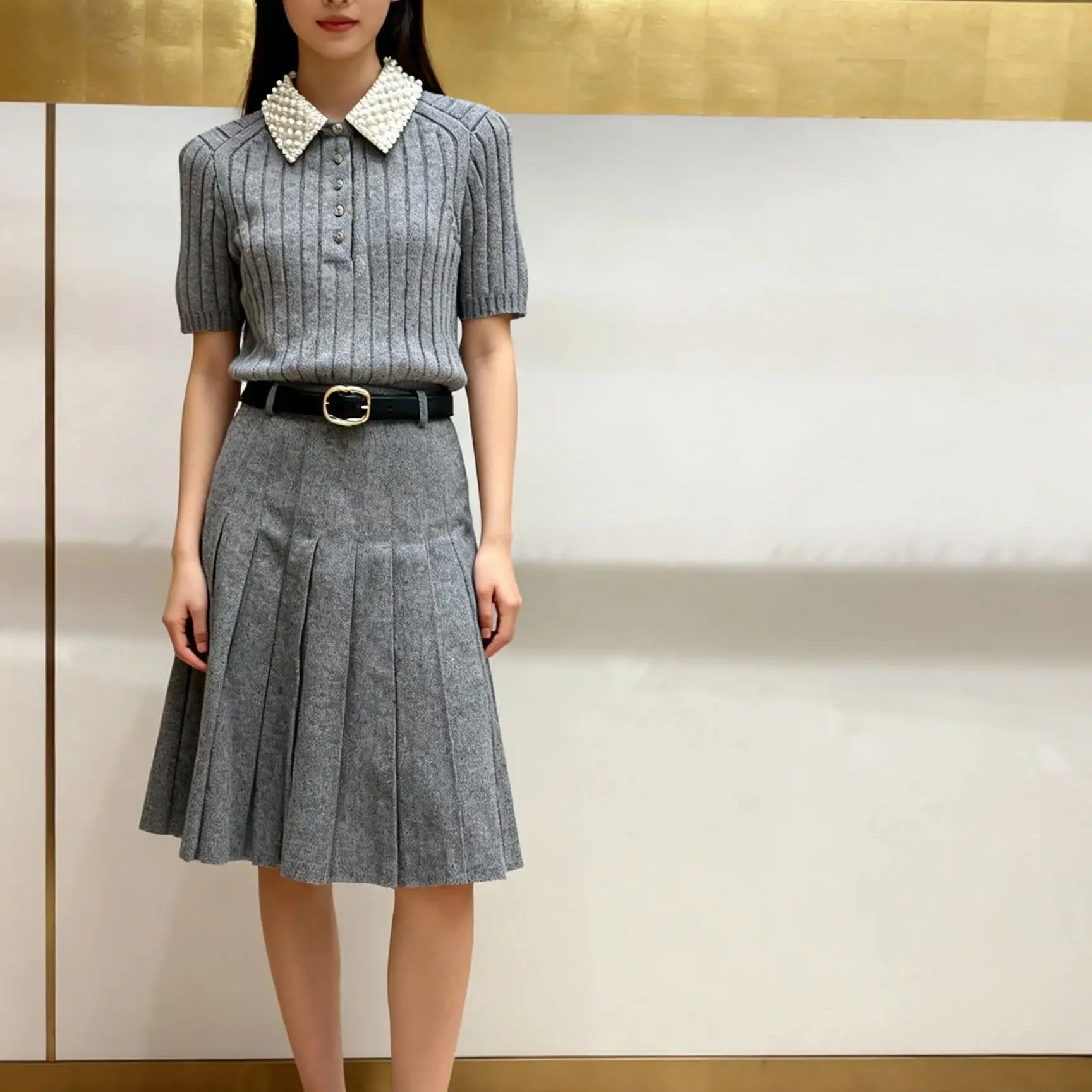 Hoge Kwaliteit Herfst Winter Koreaanse Stijl A-lijn Grijze Geplooide Midi Rok Slanke Hoge Taille Gordel Split Zoom vrouw kleding