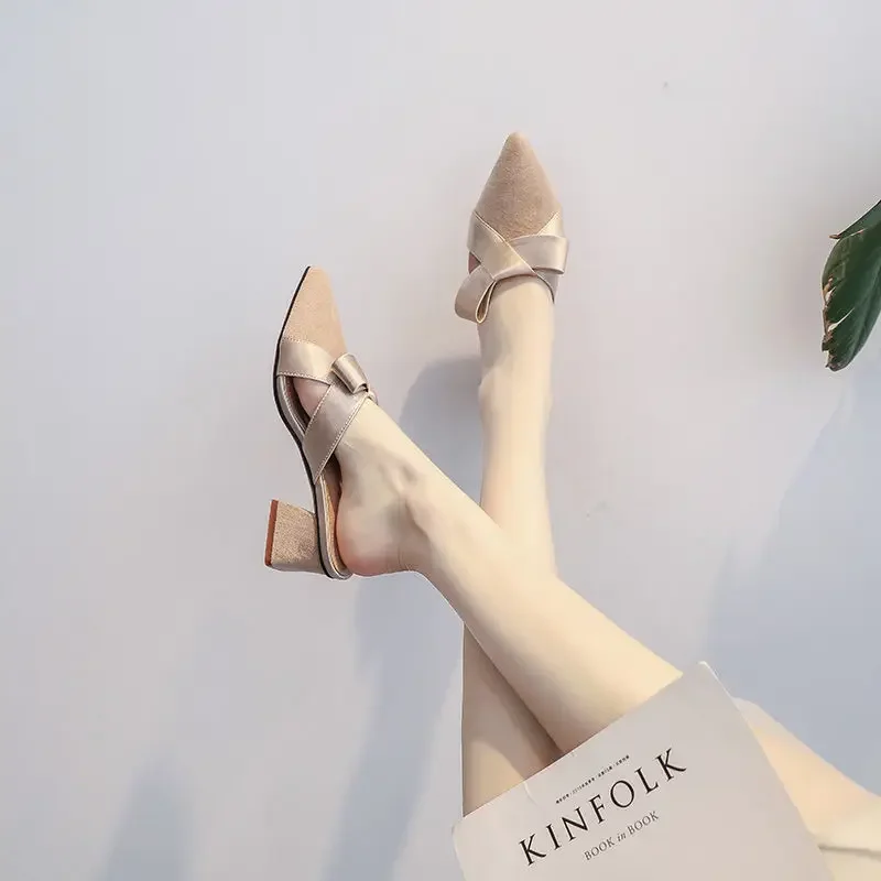 Zapatos de exterior deslizantes para mujer, zapatillas de Trabajo de Punta estrecha, Sandalias de tacón con lazo, nuevo estilo, tendencia al por mayor B I