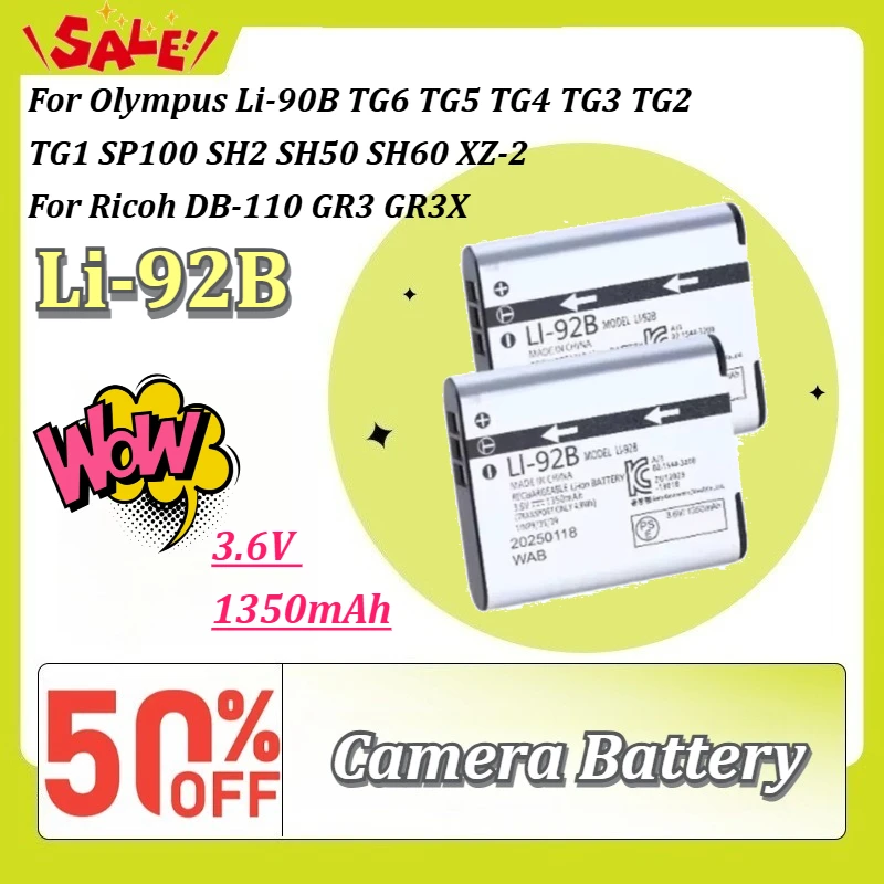 Li-92B 3.6V 1350mAh Camera Battery for Olympus Li-90B TG6 TG5 TG4 TG3 TG2 TG1 SP100 SH2 SH50 SH60 XZ-2 for Ricoh DB-110 GR3 GR3X