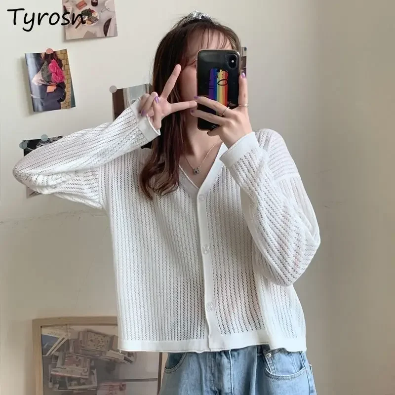 Summer Thin Knit Cardigan Women's Cozy V-Neck Knitted Casual Transparent Sweater Shirts Lady Simple Solid Outwear for Female