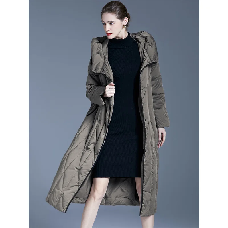 Nueva chaqueta de plumón larga de gran tamaño para mujer, chaqueta acolchada por encima de la rodilla, abrigo de invierno grueso con capucha de plumón de pato blanco, abrigos acolchados