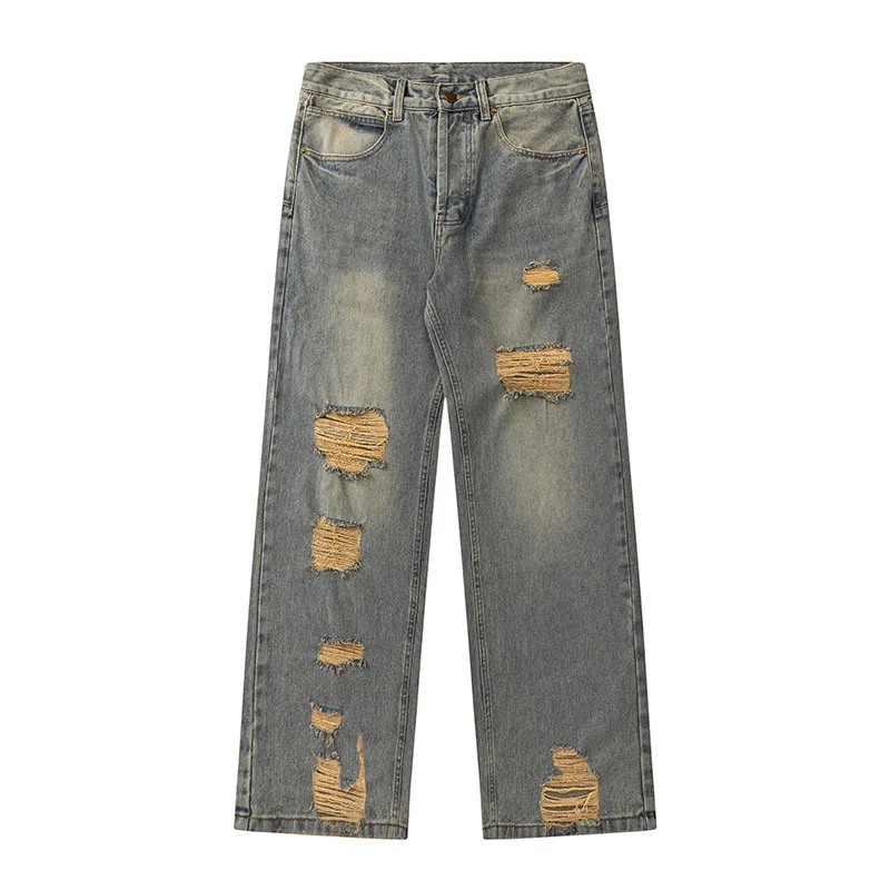 【Mirrordust】 Jeans da uomo con toppe strappate lavate in stile americano, design primaverile e autunnale, pantaloni larghi larghi vintage High Street