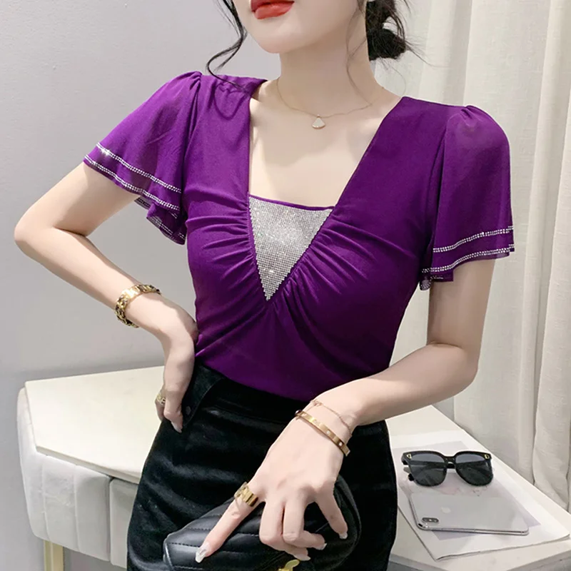 #5625 Black Pruple Mesh T Shirt Square Collar Diamonds Sexy Short Office T Shirt Butterfly Sleeve Elegant Women's T-shirt Summer