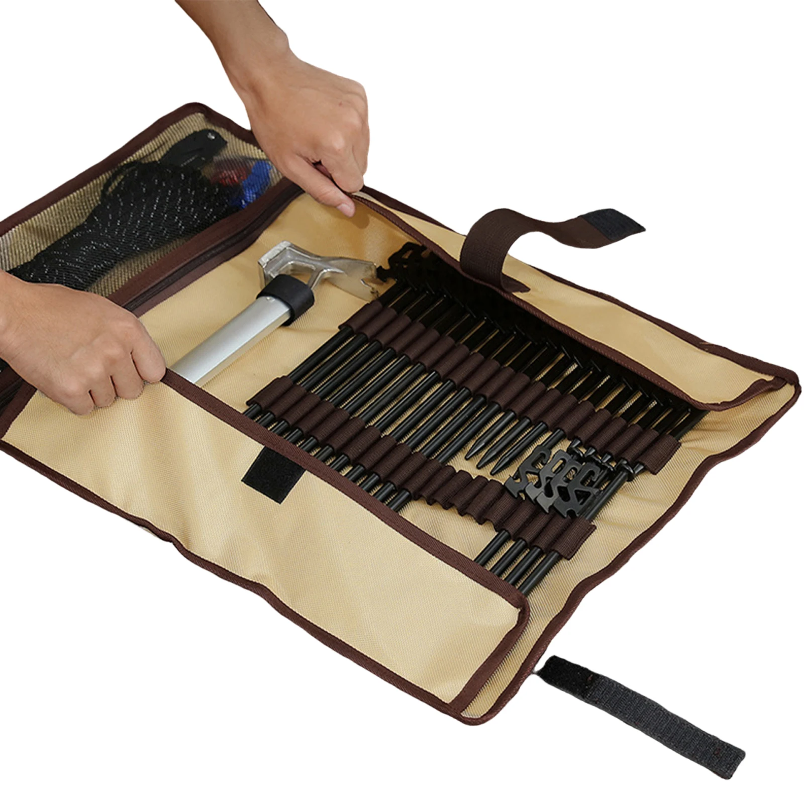 Tent Ground Nail Storage Bag Roll-up Design with Hook and Loop Fastener Portable Tent Stake Bag for Hiking Backpacking Garden