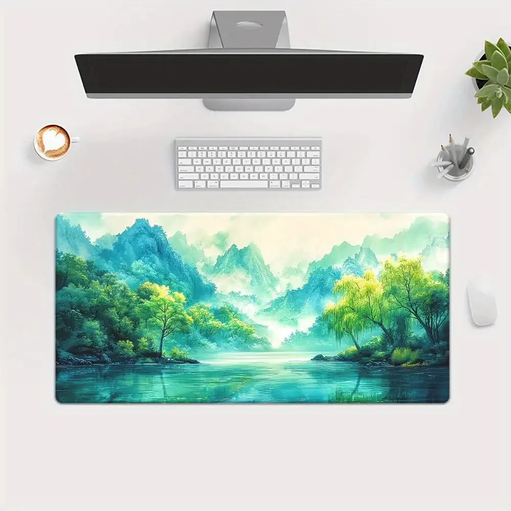 Organiseurs de bureau et plateaux au design paysager mettant en scène des montagnes et des eaux, tapis de bureau, tapis de souris