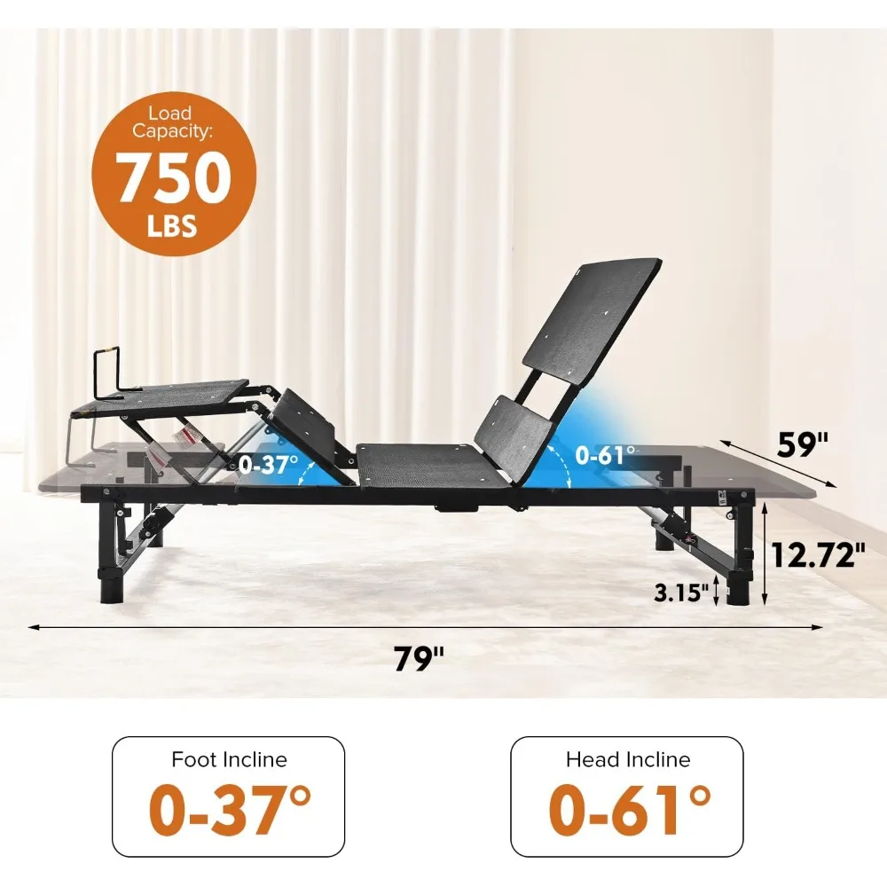 Queen Size Adjustable Bed Frame, Independent Head and Foot Incline, Quiet Motor, Wireless Remote Control, Electric Bed Frame