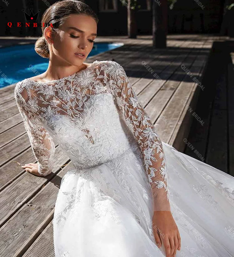 Vestido de novia de manga larga con cuello redondo, vestido de tul con encaje, elegante, con apliques, hecho a medida, DE18, 2023