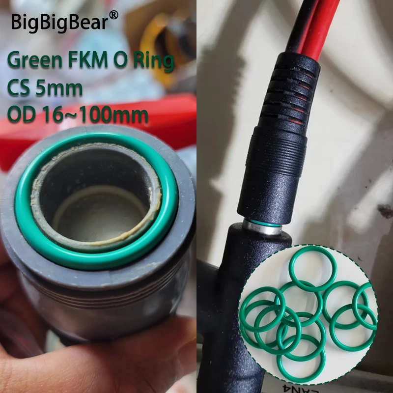 

OD 16mm ~ 100mm CS 5.0mm Green FKM O Ring Sealing Gasket Oil Resistant High Temperature Resistance Fluorine Rubber Rings 5/10pcs