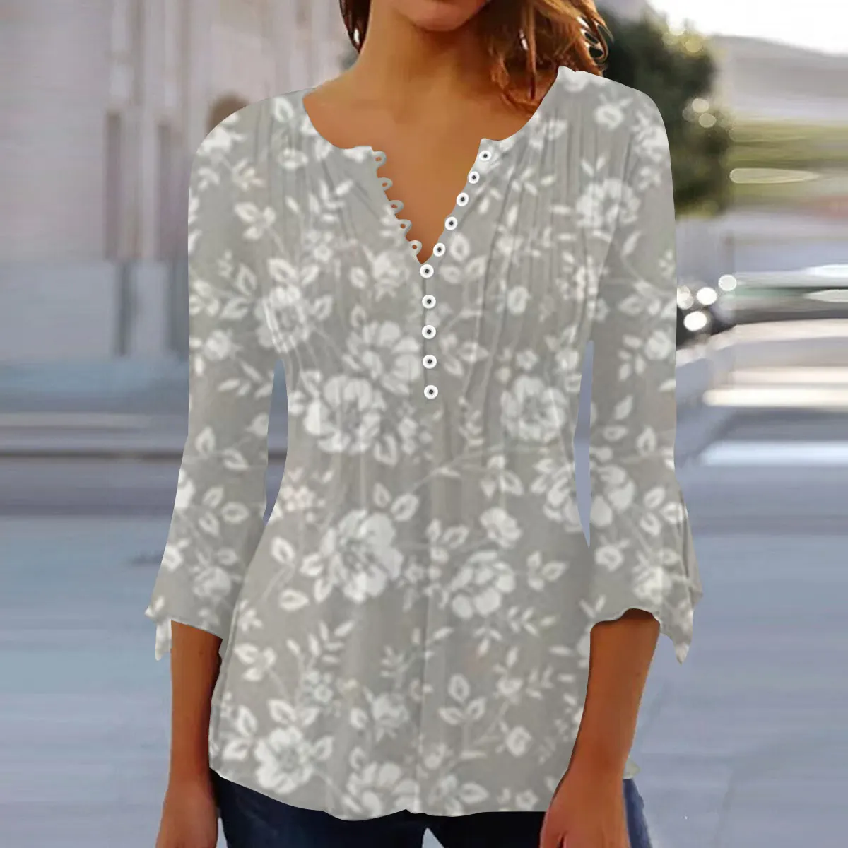 

Women's V-neck T-shirt Fashion Loose Button Shirt Flower Printed Top Leisure V-neck T-shirt Party Elegant Women's Top Clothing