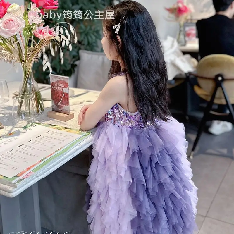 Girls Sleeveless Party Princess Dress Children Toddler Girl Sequin tutu Dress Summer Kids Cotton Layered gauze skirt Purple Dres