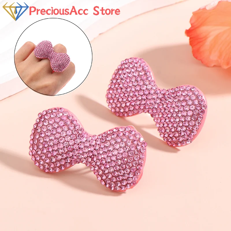 Y2K الحلو لامعة الوردي القوس حلقة مفتوحة للفتيات النساء موضة حجر الراين خواتم الاصبع العصرية بيان مجوهرات هدايا #2