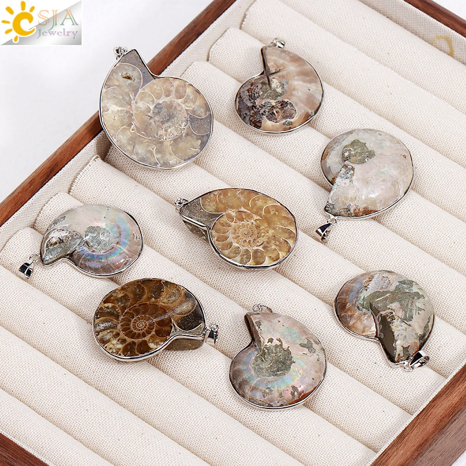 CSJA Vintage Natural Stones Pendants Ammonite Seashell Snail  Ocean  Conch Animal Necklace Statement Men Summer Jewellery E252