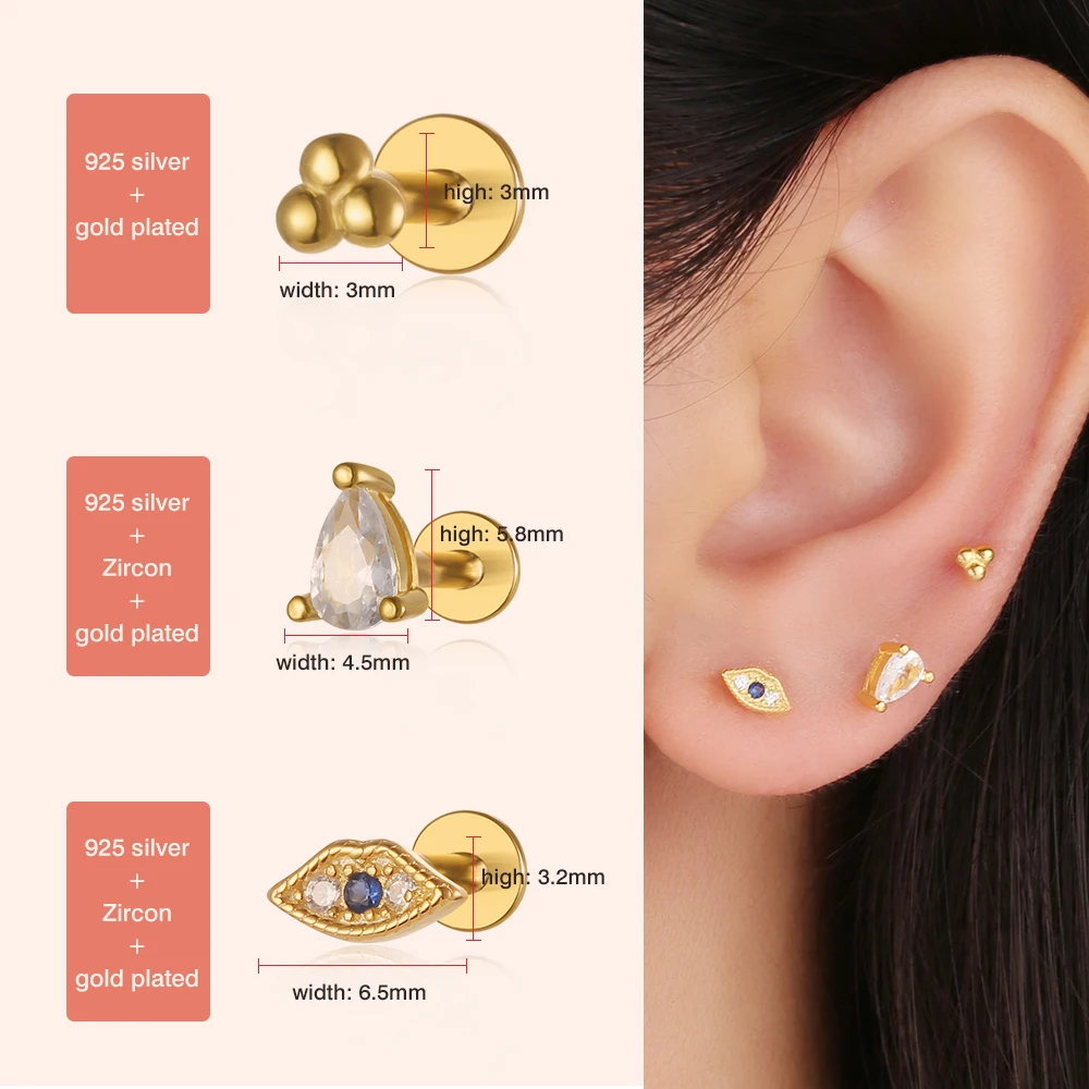 1PC S925 Multi Size CZ Blue Eye Stud Earrings for Women Ear Piercing Screw Stud Earring Pendiente Gold Plated Jewelry