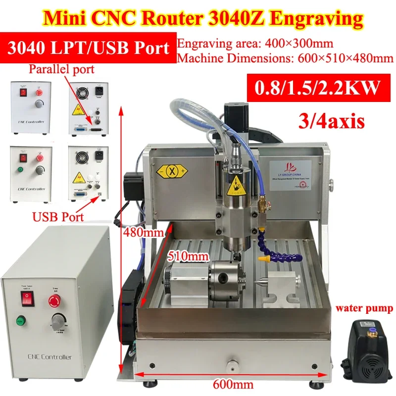 for Mini CNC Router 3040Z  3/4axis Engraving Milling Machine 800W 1.5KW 2.2KW VFD Spindle for DIY Metal Woodworking