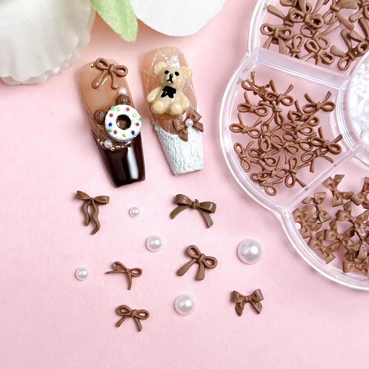 1Box Mini Sweet Heart Star Bow Resin Nail Charms Minimalist Ribbon Bow Pearl Maillard Color Series Nail Art Decorations DIY Nail