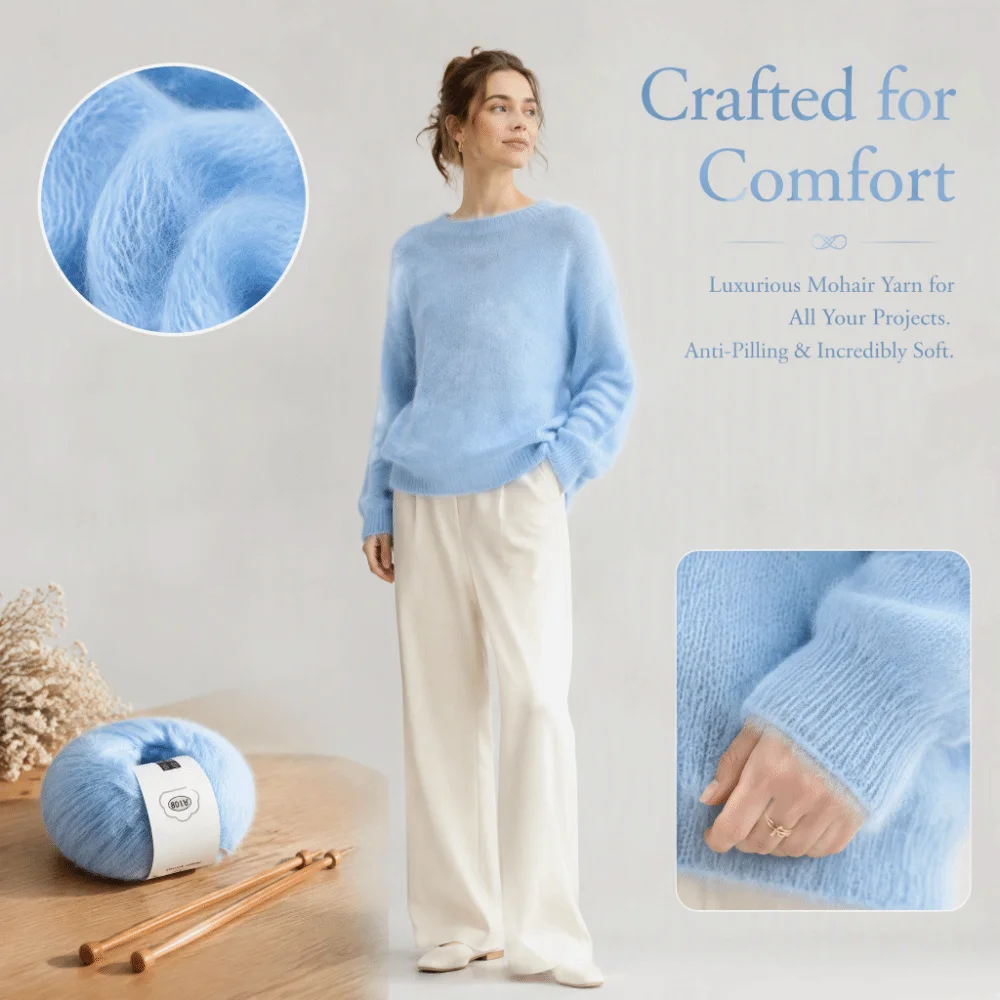 Soft Texture Mohair Yarn Warm Material Light Blue Color Long Wool Yarn Pashm Blend Knit Grade Angora Wool Yarn For DIY Knitting