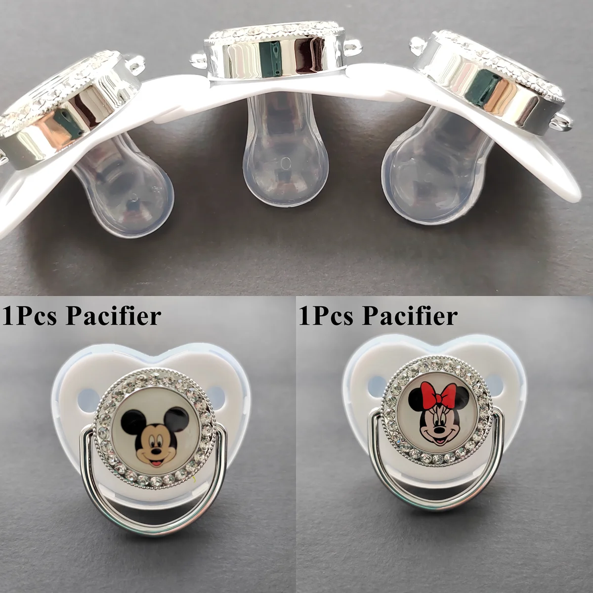 [1Pcs Silver Rhinestone Beautiful Pacifier ] Super Soft Silicone Mickey Minnie Mouse Cute Cartoon Image Baby Sucking Nipples