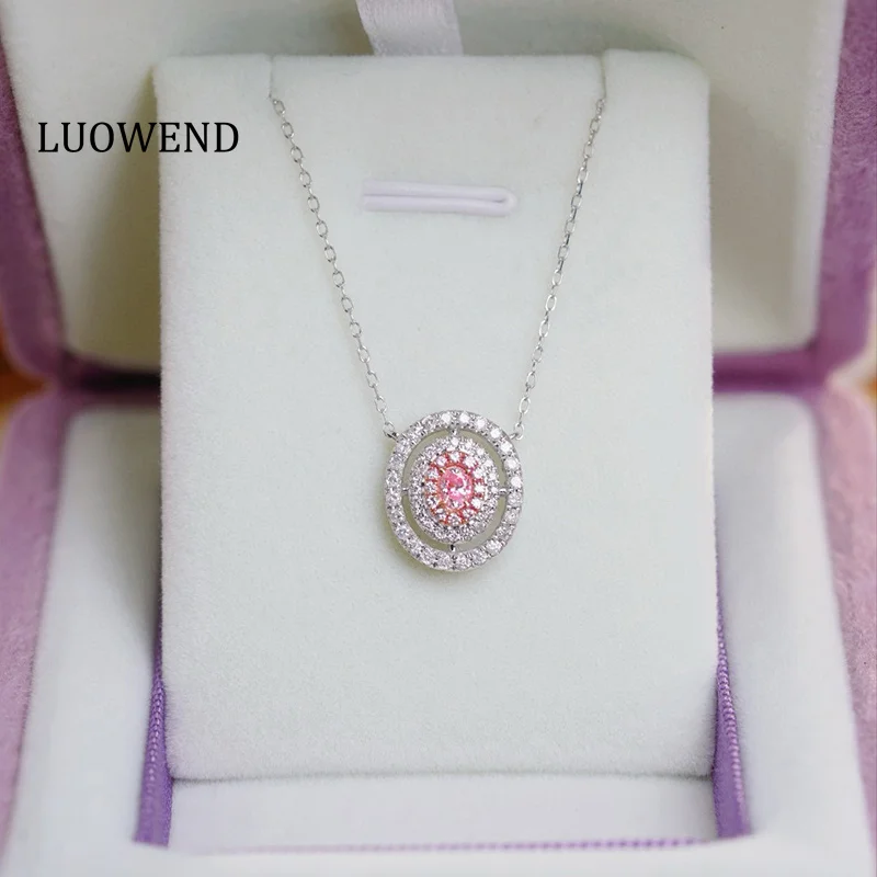 LUOWEND 100% 18K White Gold Necklace Real Natural Pink Diamond Pendant Necklace for Women Classic Design High Wedding Jewelry