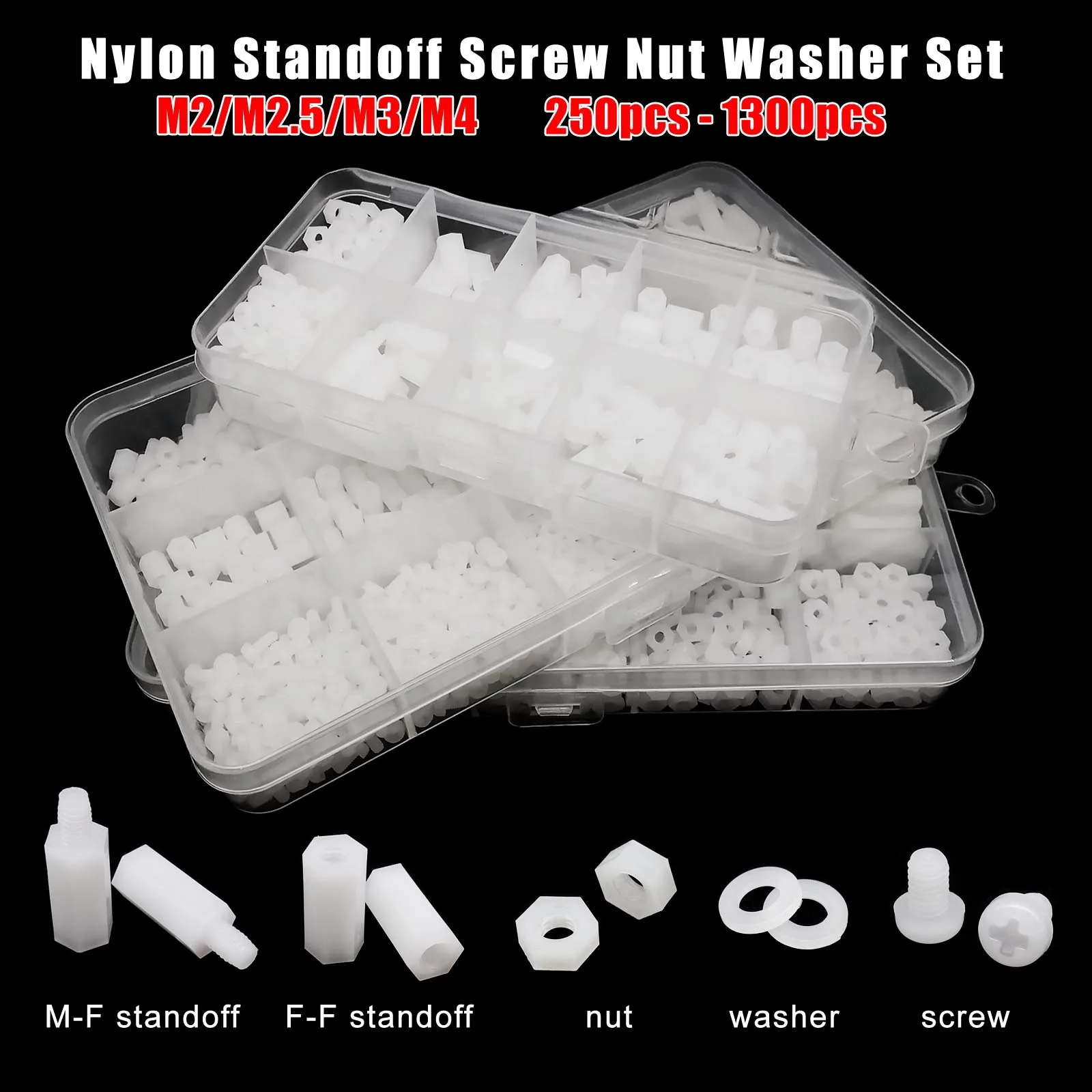 1 Box M2 M2,5 M3 M4 Weißer Kunststoff Nylon Isolierter Sechskant-Abstandshalter Sechskantsäule Abstandshalter Säule Schraube Mutter Unterlegscheibe Sortiment Kit Set