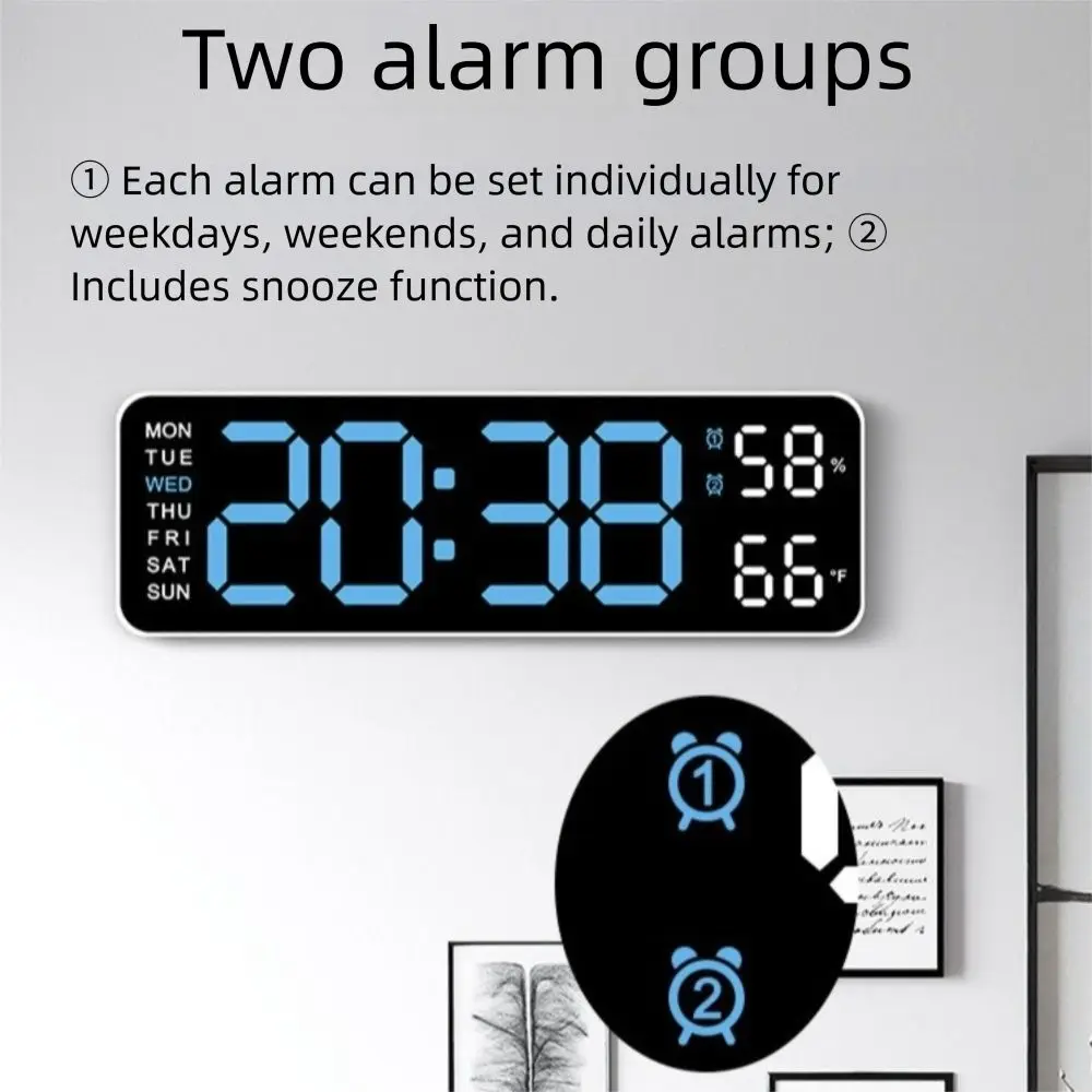 

Adjustable Brightness Large Digital Wall Clock 12/24Hr Format Hanging/Stand LED Electronic Clock Date Week and Temperature Time