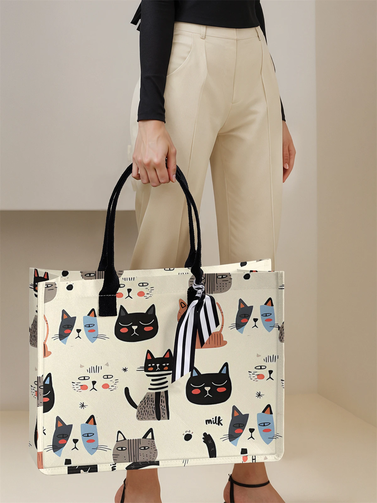 Tas tangan bermotif kucing kartun, tas tangan hadiah wanita, tas pantai, cocok untuk tas tangan berkapasitas besar untuk pria dan wanita