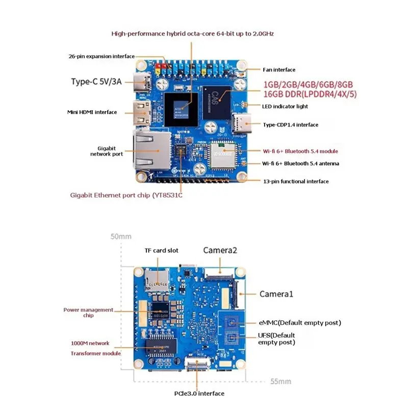 M52K-For Orange Pi Zero 4 4GB LPDDR5 Development Board 2.0Ghz Frequency Allwinner A733 CPU Board Wifi 6 BLE 5.4 Supports 4K