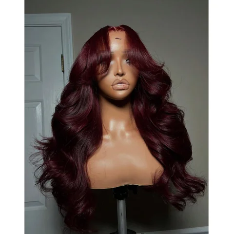 99J Burgundy 200% 34 Inch 13x4 Transparent Lace Frontal Wigs Pre Plucked With Baby Hair Brazilian Body Wave Red 99J Colored Hair