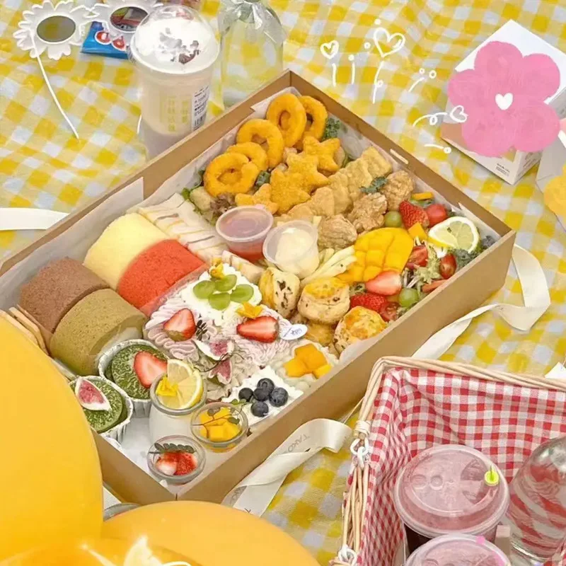 Disposable Kraft Paper Picnic Box Outdoor Picnic Camping Dessert Food Container Bread Pizza Packing Carton Afternoon Tea Boxes