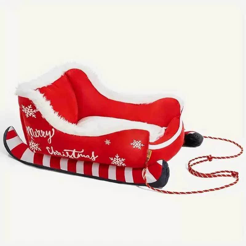 Christmas Sleigh Bed  Removable Washable Plush Pet Warm Sofa with Non-Slip Base Christmas Cat Dog Nest for Winter Indoor Outdoor