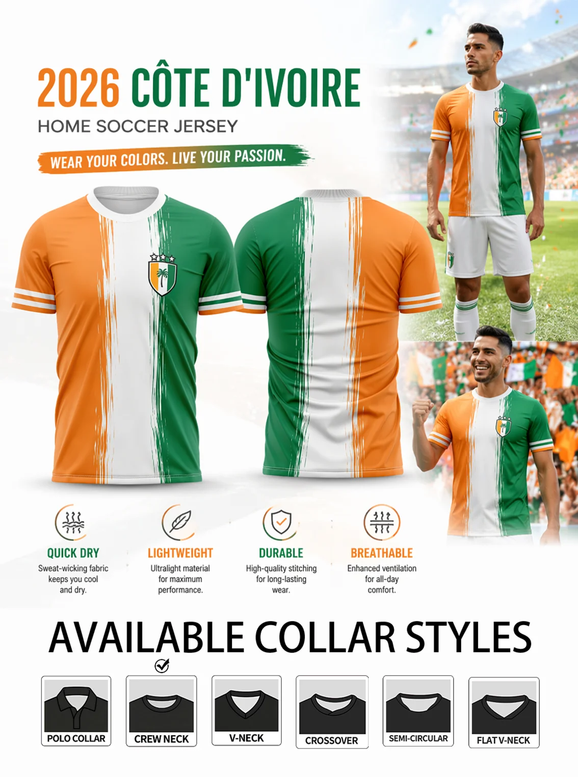 Brush‑stroke striped Cote D'Ivoire soccer jersey, wash‑resistant print, stretch‑fit for sports, matches & daily wear