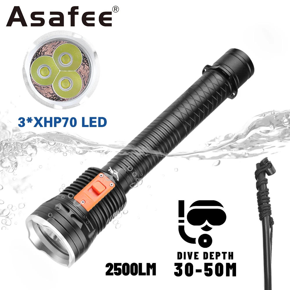 

Asafee 50M Underwater Diving Flashlight P70 LED 2500LM Magnetic Switch Scuba Torch 300M Range Lantern IPX8 Waterproof Lamp