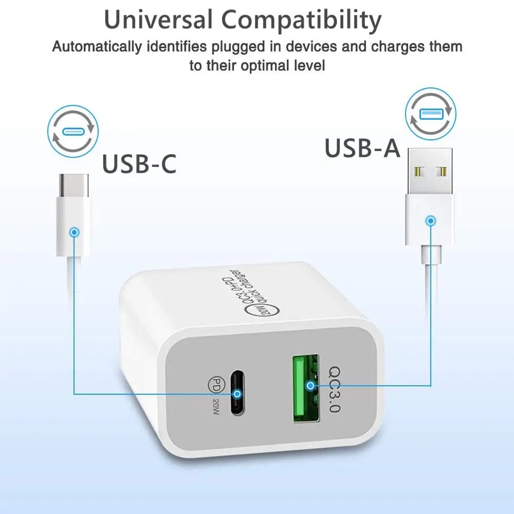Adaptador de toma de corriente de pared para iPhone, iPad y Android, cargador rápido QC PD de 20W