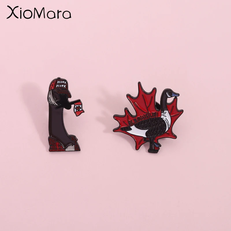 Fun Cute Animals Enamel Pin - Red Maple Leaf Goose Brooch Lapel Backpack Badge Jewelry Gift for Fashion Lovers