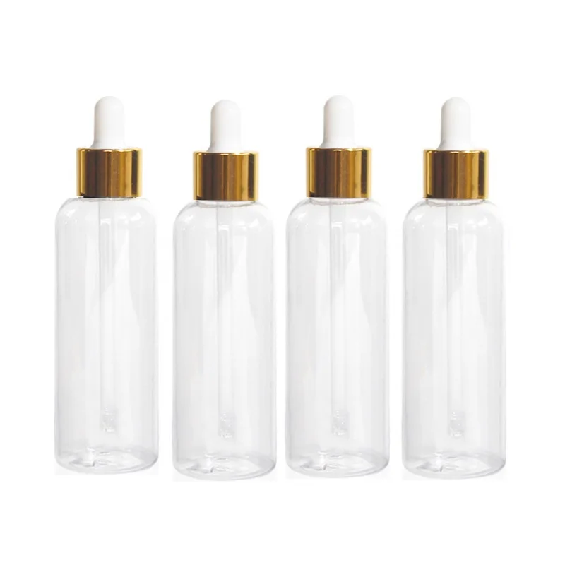 50Pcs 100ml PET Plastic Bottle Shiny Gold Lid Clear White Blue Brown Cosmetic Refillable Empty Essential Oil Dropper Bottles