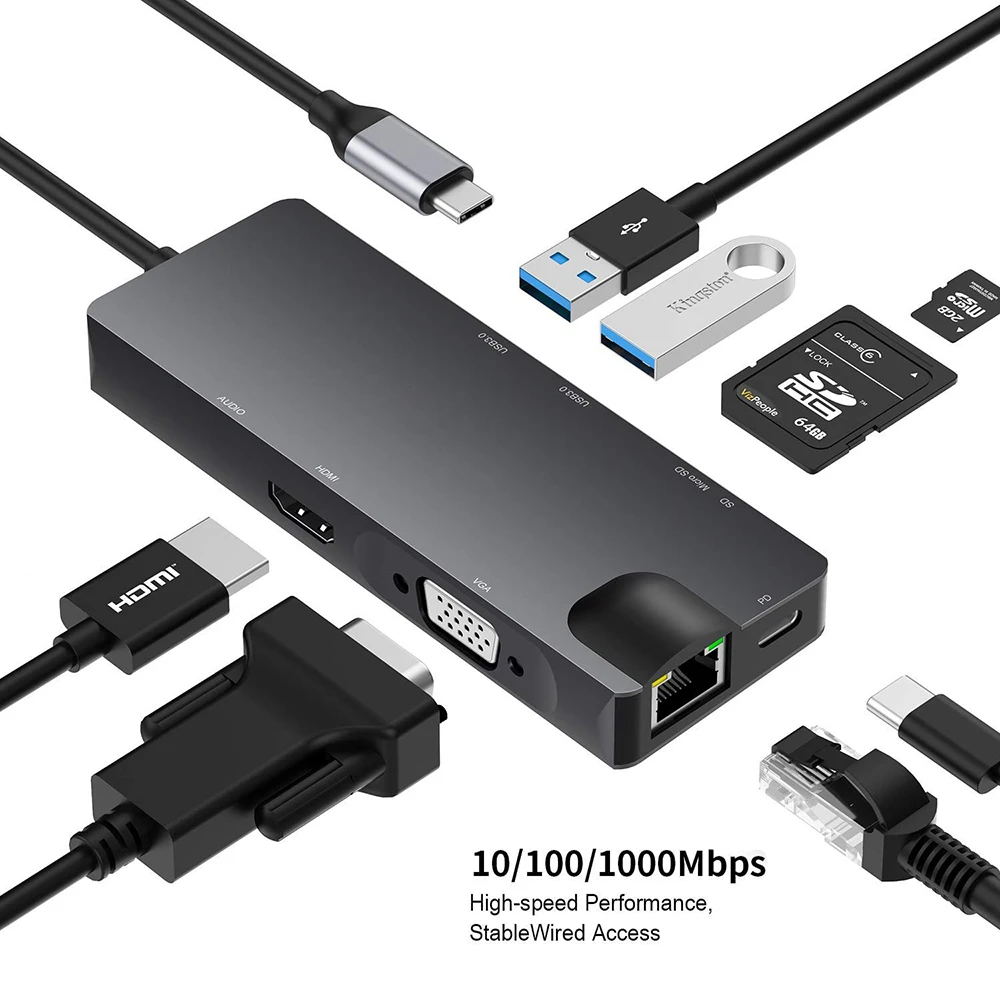 

Type-C to HDTV 8 in 1 Adapter For MacBook M1 Pro 2021 type-C Port to VGA + LAN + SD Card + USB3.0 + HDTV HUB for 2022 MacBook M2