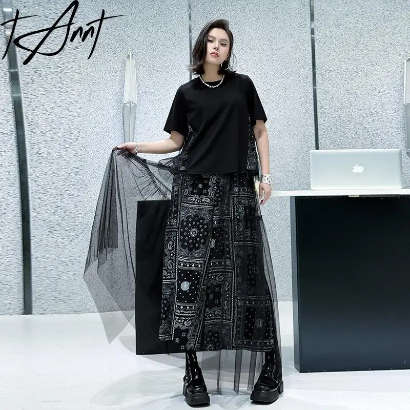 

Tannt Women Pant Sets Mesh Patchwork Irregular Printing Fashion Tshirt Tops Asymmetry High-waisted Shorts Skirts Two-piece Suit