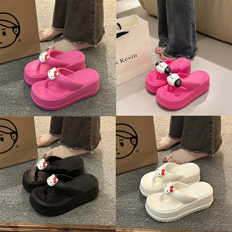 Sanrio Cartoon Hello Kittys Slipper Y2K Women Wedge Flip Flop High Heels Slippers Cartoon Outdoor Anti-Slip Beach Platform Shoes