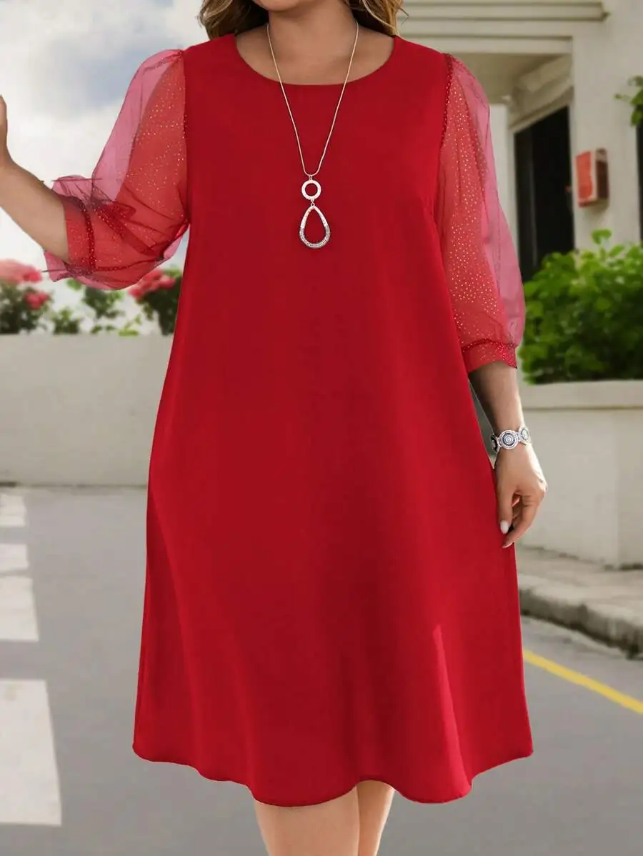 Plus Size Women Red Mesh Sleeve A-Line Dress Casual Elegant