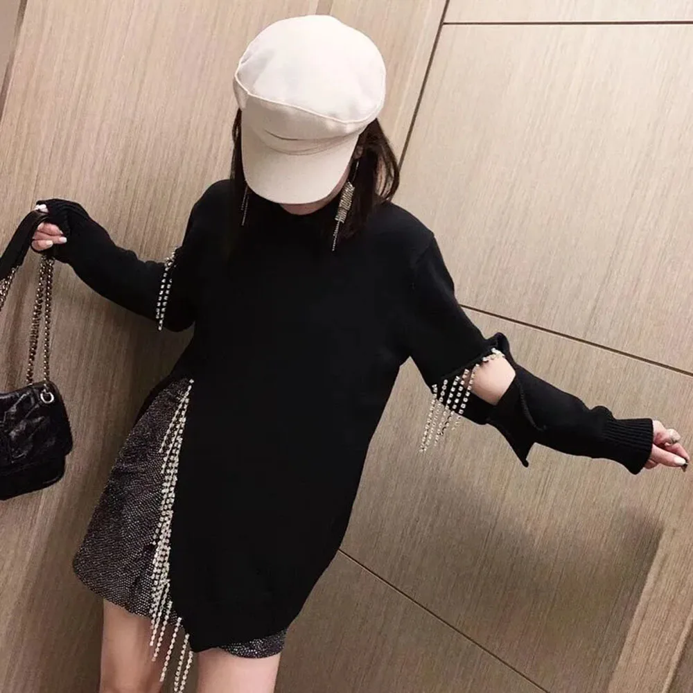 Autumn Winter Black Rhinestone Tassel Women Sweaters O Neck Chain Long Sleeve Loose Slim Irregular Casual Knit Pullover Sweater